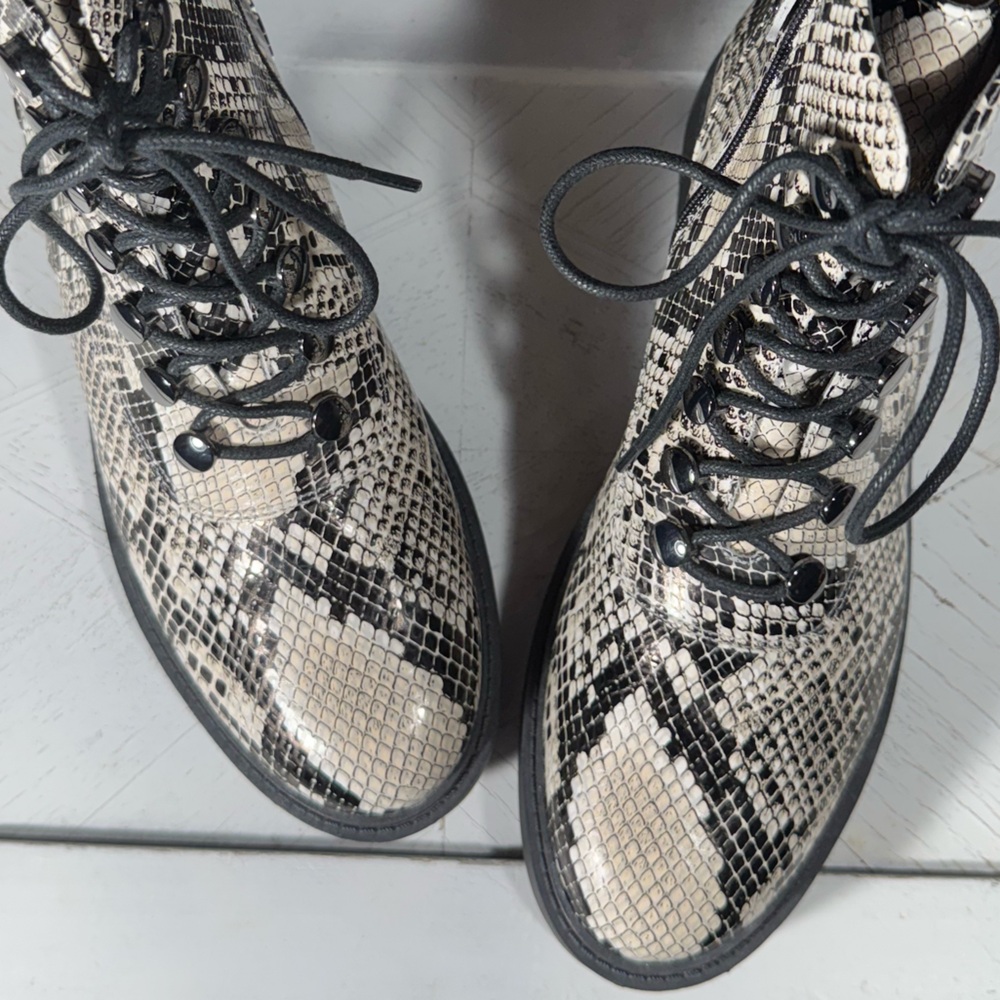 LINEA Paolo Black and Cream Combat Moto Boots with Snake Print